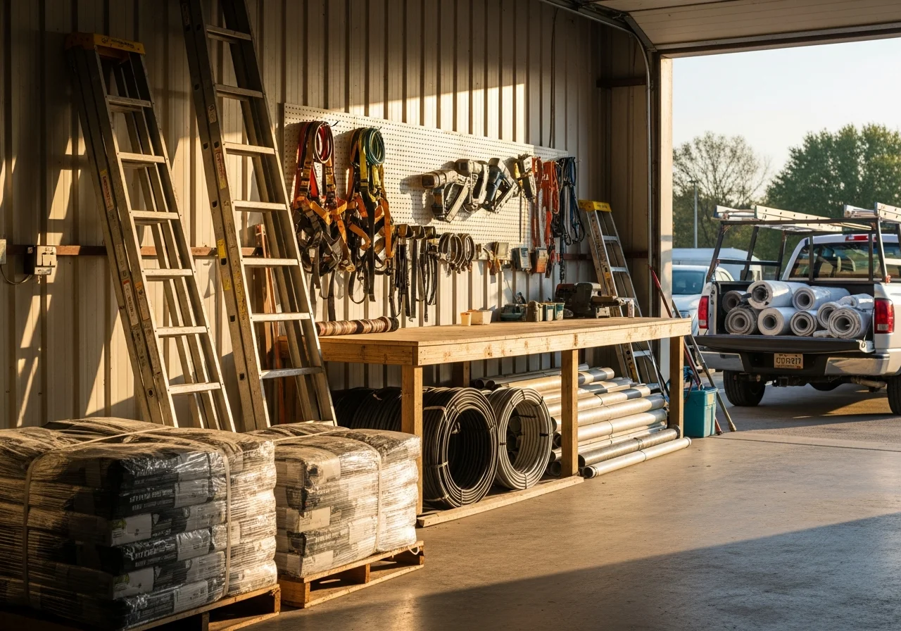Roofing crew with tools and equipment ready for residential or commercial roof installation and replacement work.