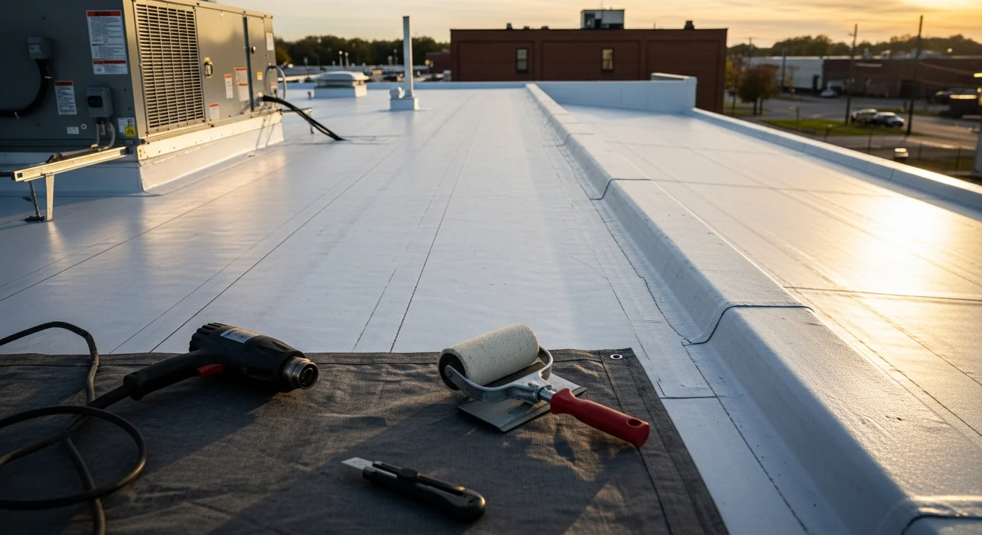 Commercial flat roof with TPO membrane installation on Delaware business building