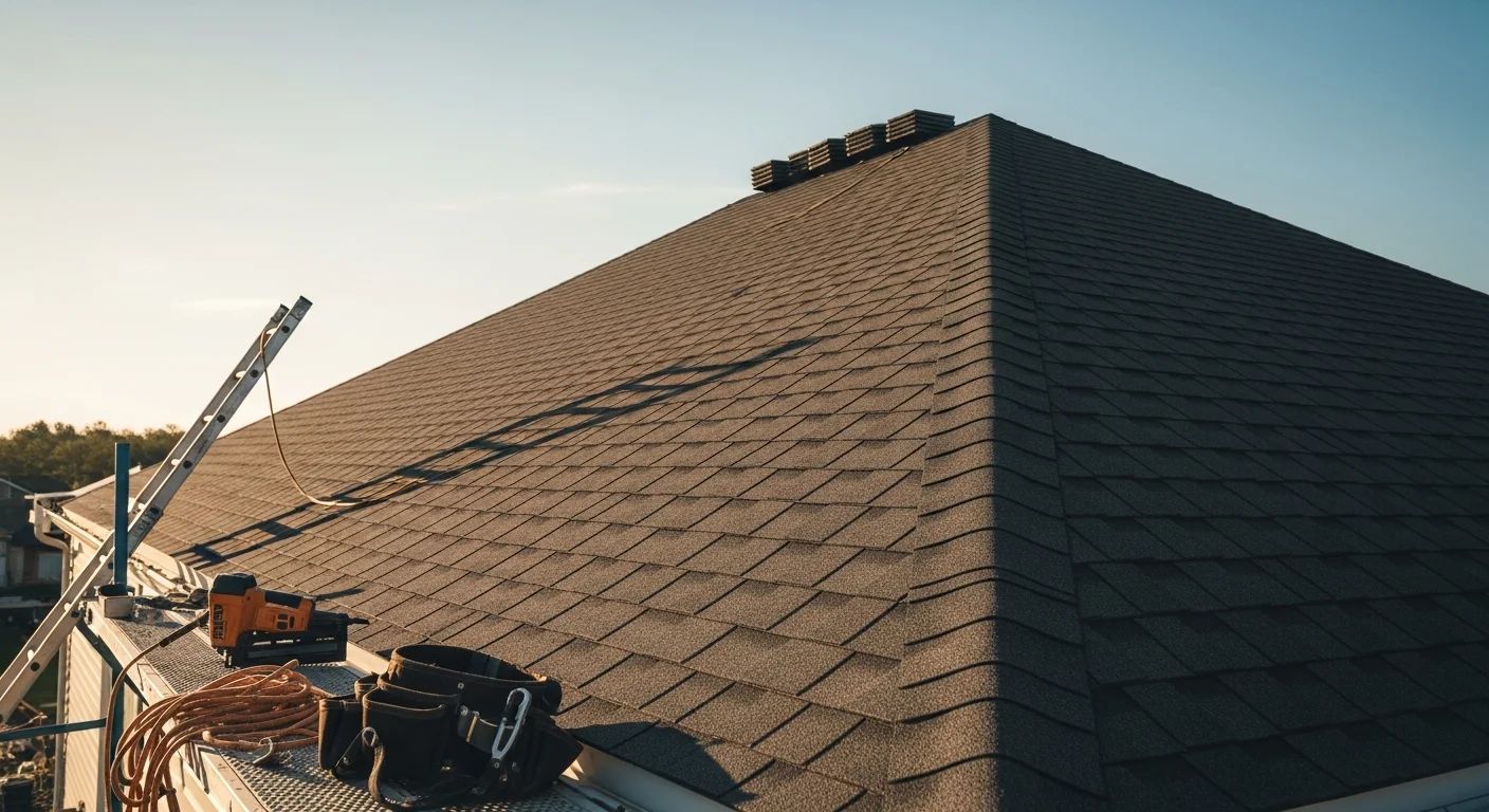 Professional roofer installing new residential shingle roof on Delaware home