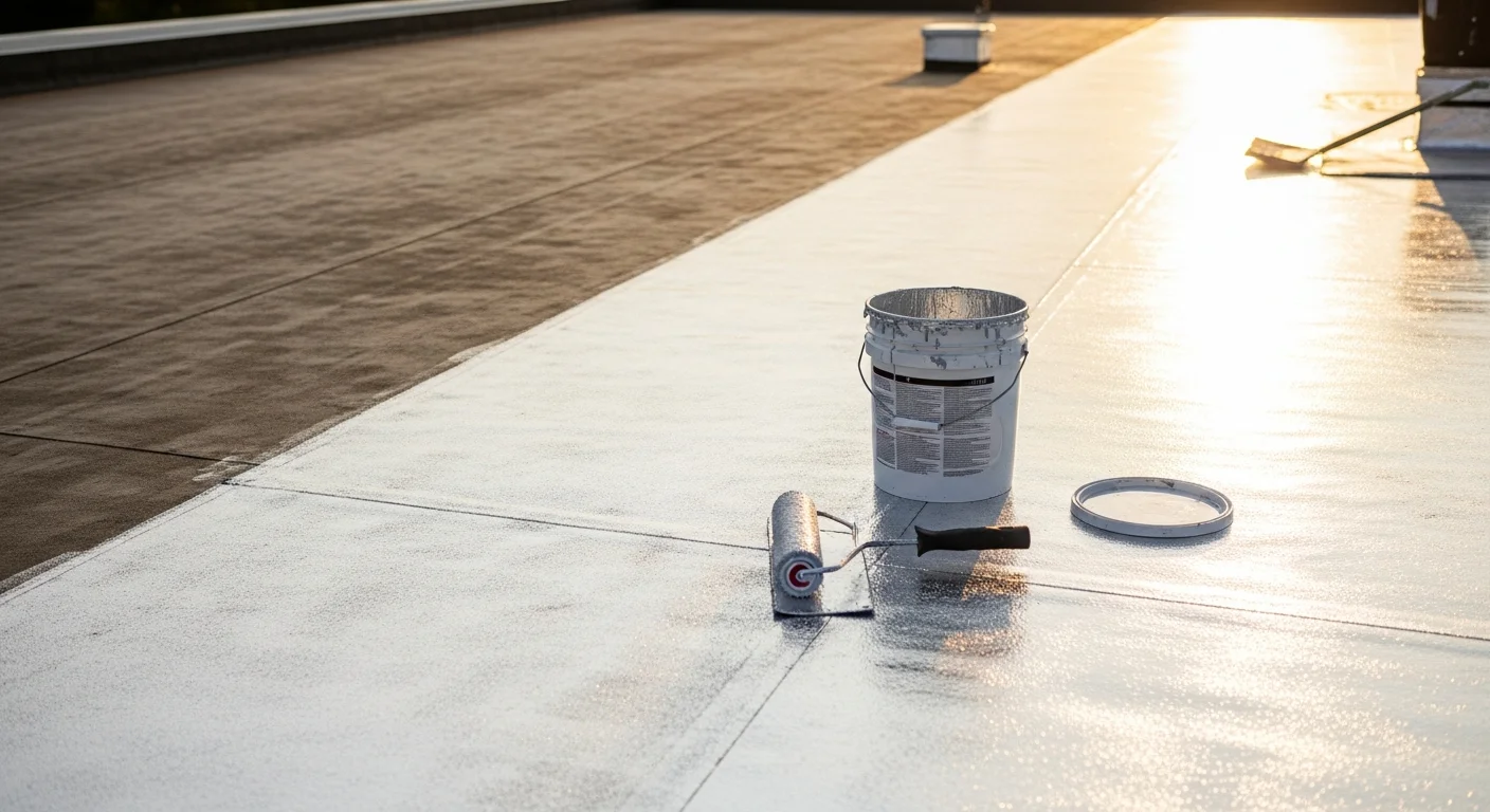 A roofing contractor applying a white reflective coating to a flat commercial roof on a low-slope building in Pike Creek, Delaware. The finished surface shows a smooth, seamless membrane with no visible seams or surface cracking.