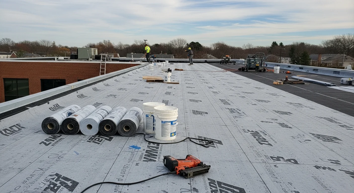 A completed commercial roof replacement on a flat-roofed business building in Pike Creek, Delaware, showing a clean membrane surface with proper drainage slopes. C H Evans Roofing crew equipment is visible at the roofline against a partly cloudy sky.