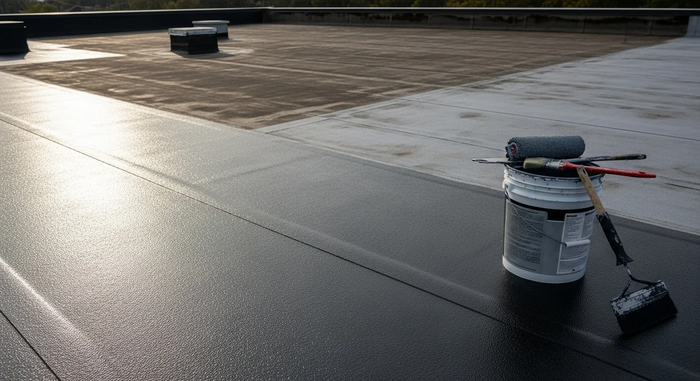 A flat roof on a Pike Creek, Delaware commercial building after a professional coating application, showing a clean, uniform white membrane surface. The sealed roof surface reflects sunlight with no visible cracks, seams, or ponding water areas.