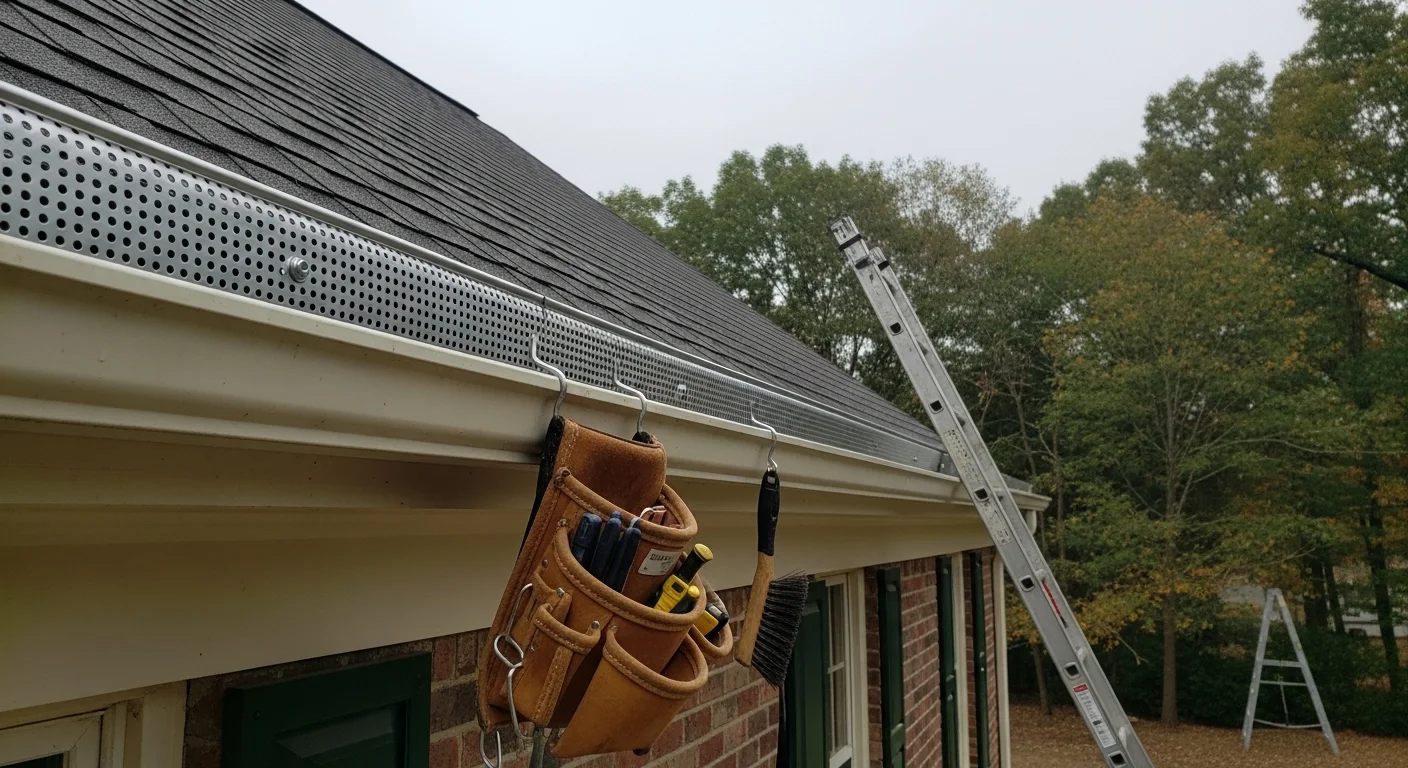 Gutter guard system installed along the roofline of a Colonial split-level home in Pike Creek, Delaware, with mature trees visible in the background. Close-up view shows debris sitting on top of the guard while the gutter channel below remains clear.
