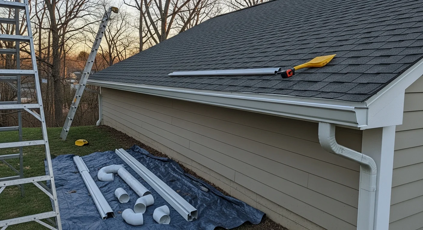 Newly installed seamless gutters running along the roofline of a single-family home in Pike Creek, Delaware. Downspouts extend down the exterior wall and direct water away from the foundation onto the lawn.