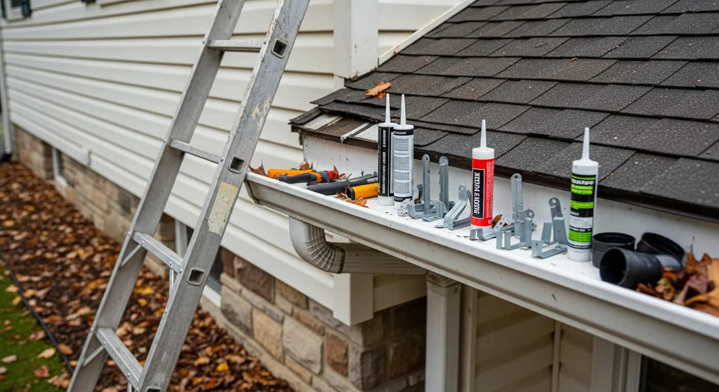 A C H Evans Roofing technician resealing a leaking gutter joint on a two-story residential home in Pike Creek, Delaware. The surrounding yard shows mature trees typical of the wooded lots found throughout the Pike Creek area.