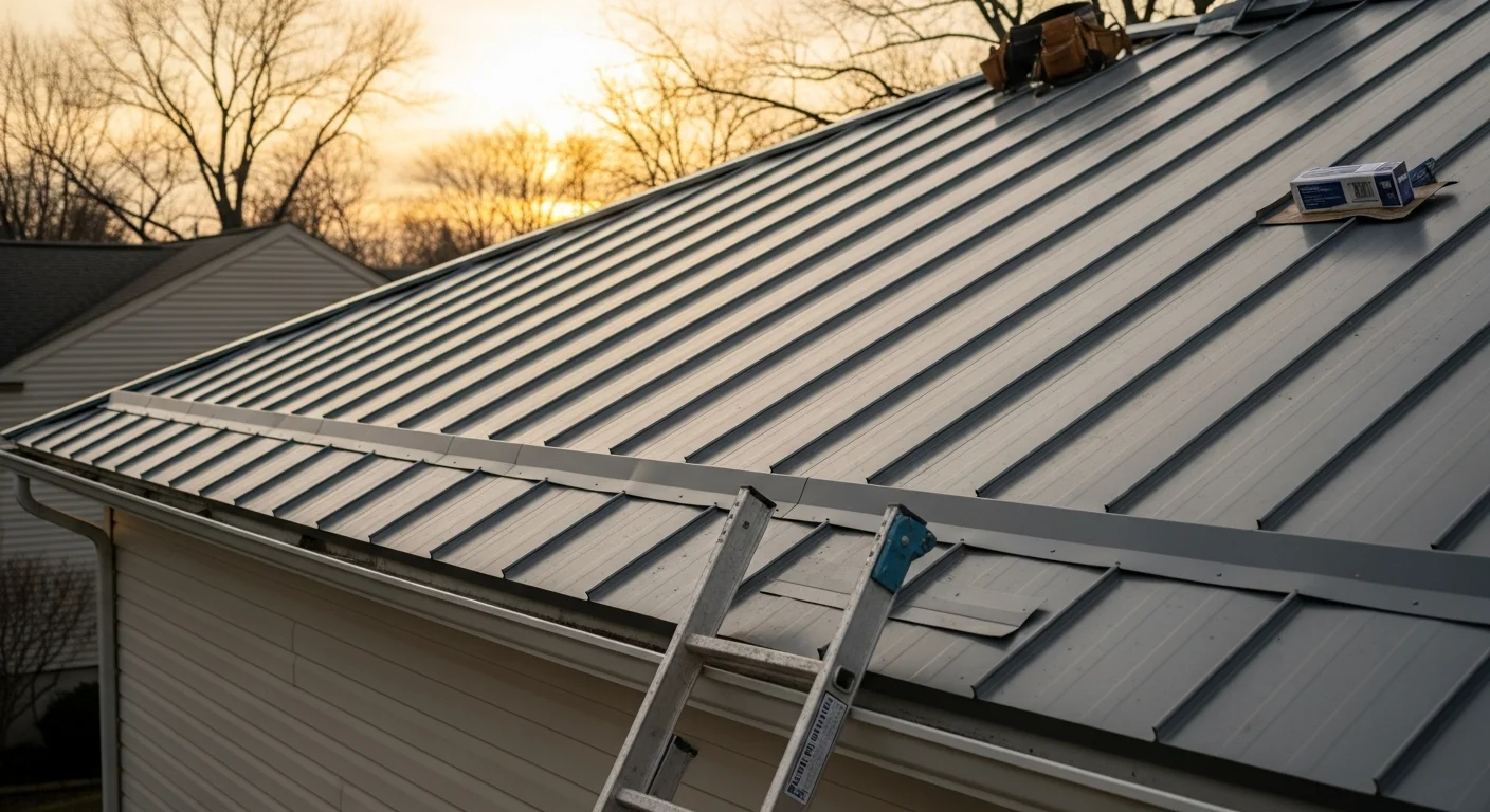 A completed metal roof replacement on a suburban Pike Creek, Delaware home, showing clean panel lines and sealed flashing around the chimney and ridge. The finished roof sits above a two-story residential structure typical of New Castle County neighborhoods.