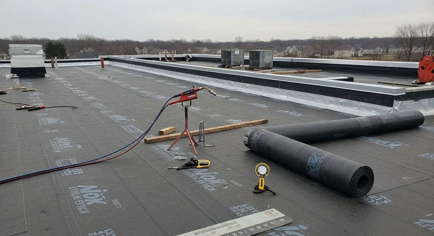 A completed modified bitumen flat roof replacement on a Pike Creek property, showing a smooth, fully sealed membrane surface with clean flashing details at the edges and drain points. The finished roof sits on a low-slope residential structure surrounded by the wooded suburban landscape typical of the Pike Creek area.