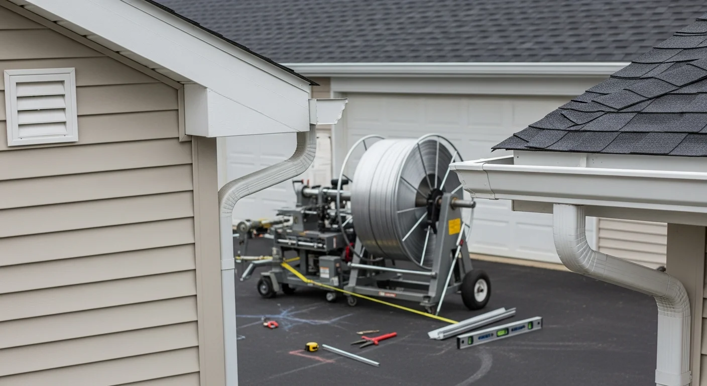 Newly installed seamless aluminum gutters running along the roofline of a residential home in Pike Creek, Delaware. A downspout directs water away from the foundation toward the yard.