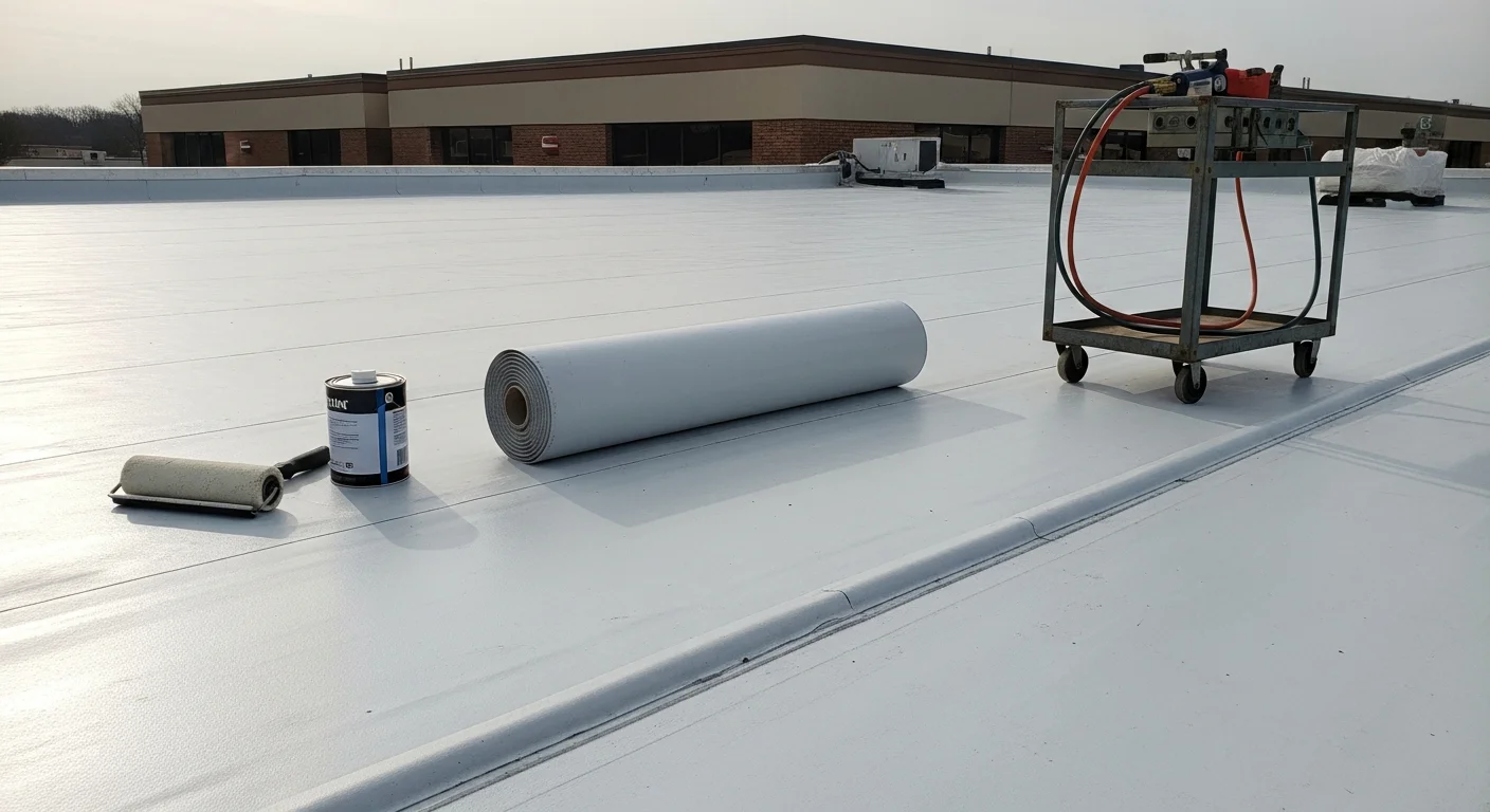 A completed TPO flat roof replacement on a multi-unit residential building in Pike Creek, Delaware, showing clean white membrane with heat-welded seams and finished edge flashing. The surrounding Pike Creek neighborhood is visible in the background.